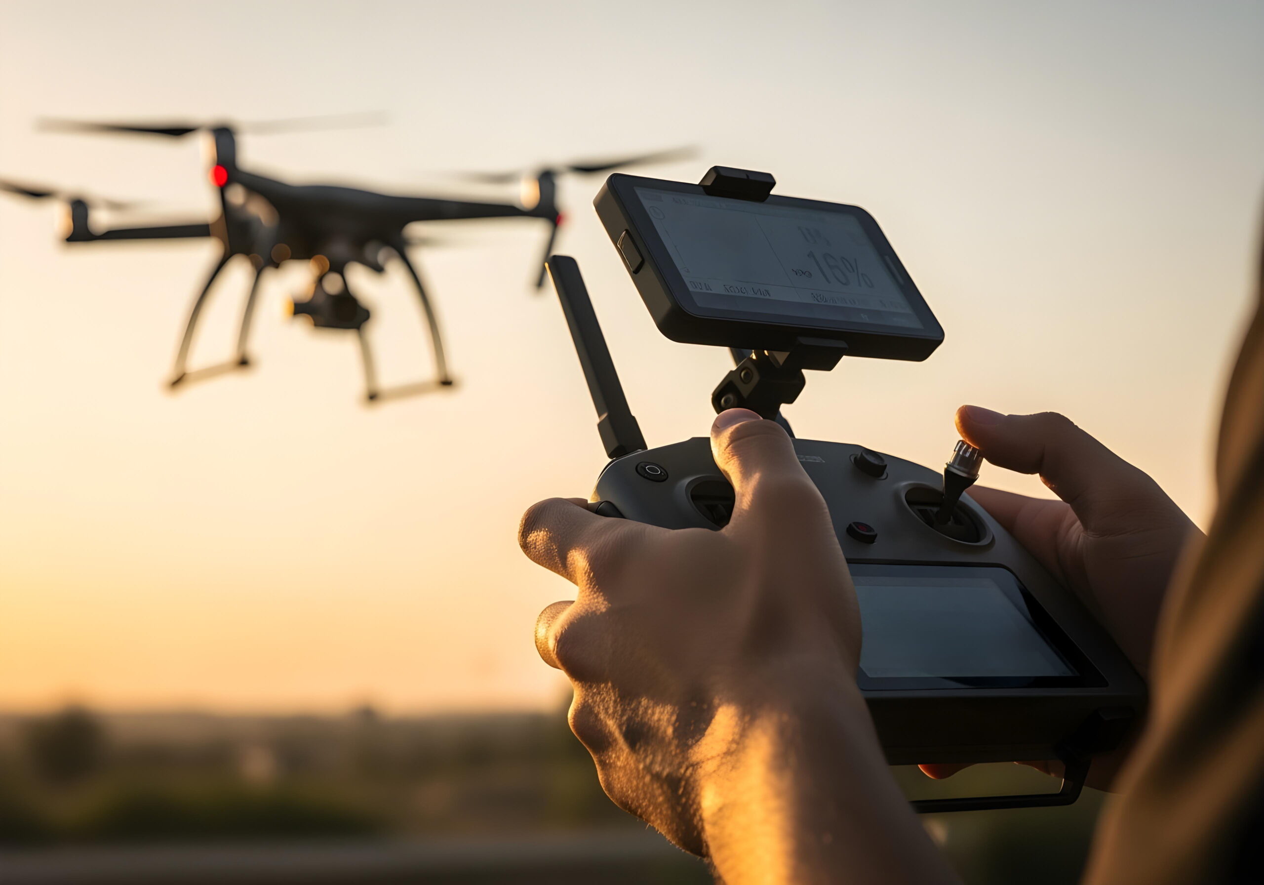 drone operator piloting flying drone sunset